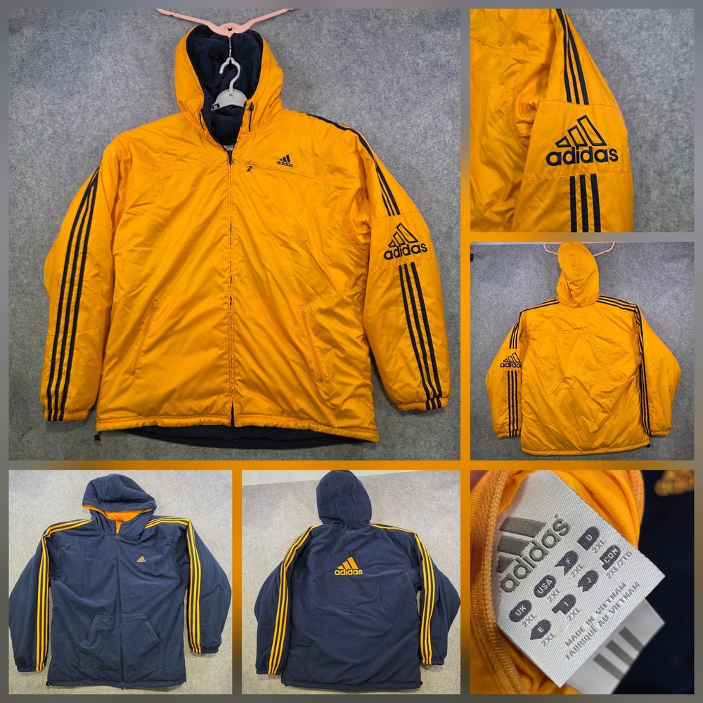 VTG Adidas Jacket Mens 2XL Yellow Navy Reversible Hooded Insulated 3 Stripe